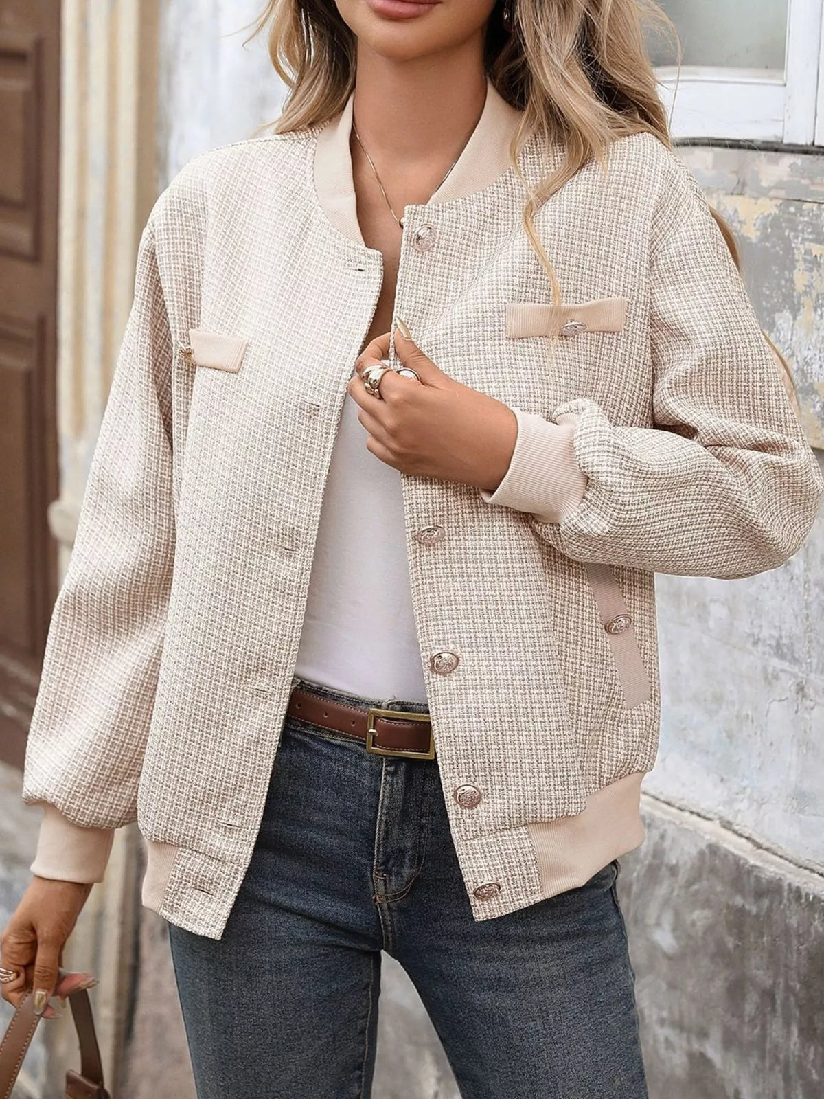Button Up Long Sleeve Jacket - Khaki - View 1
