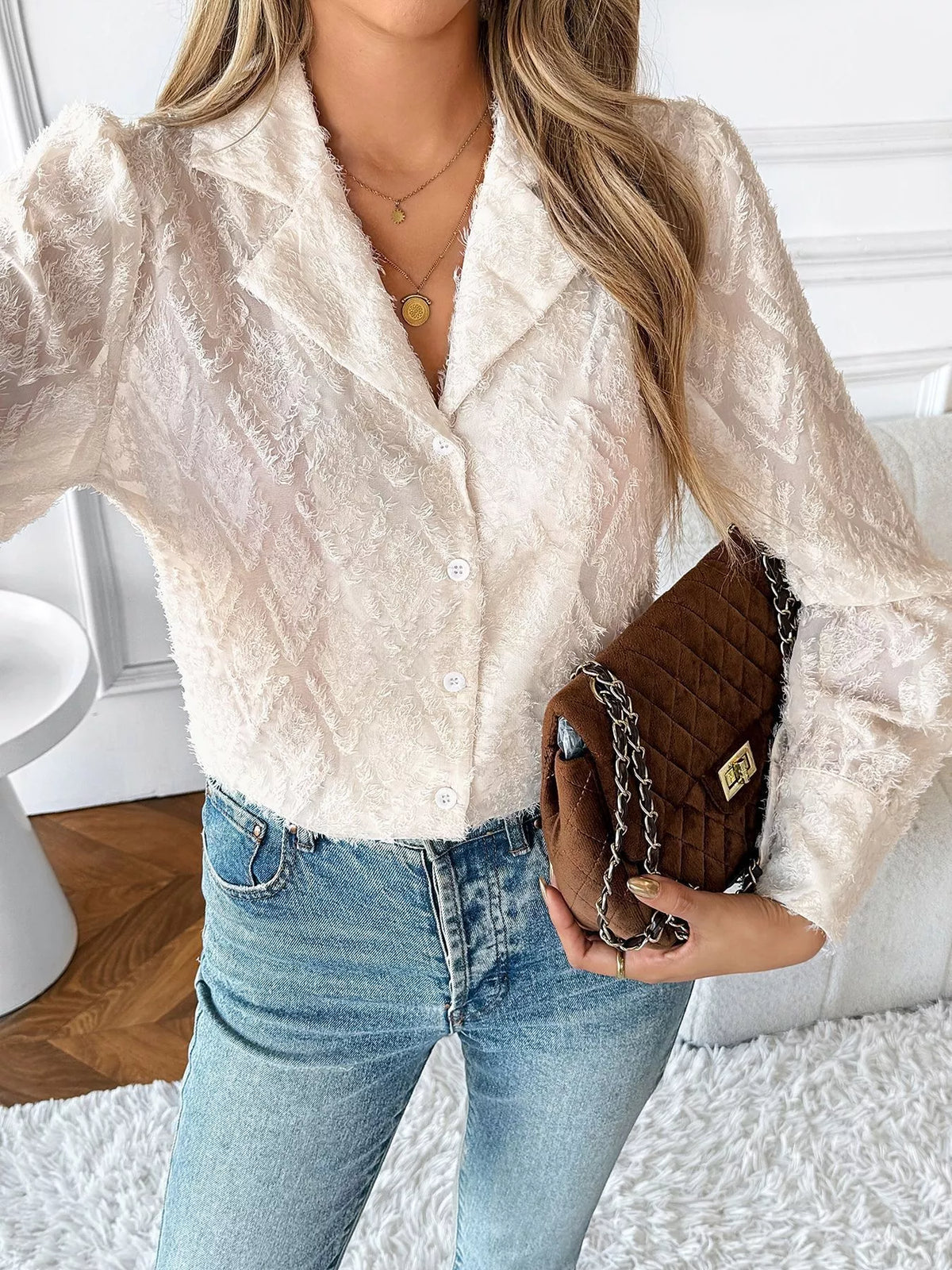 Textured Long Sleeve Button-Up Shirt - Apricot - View 2