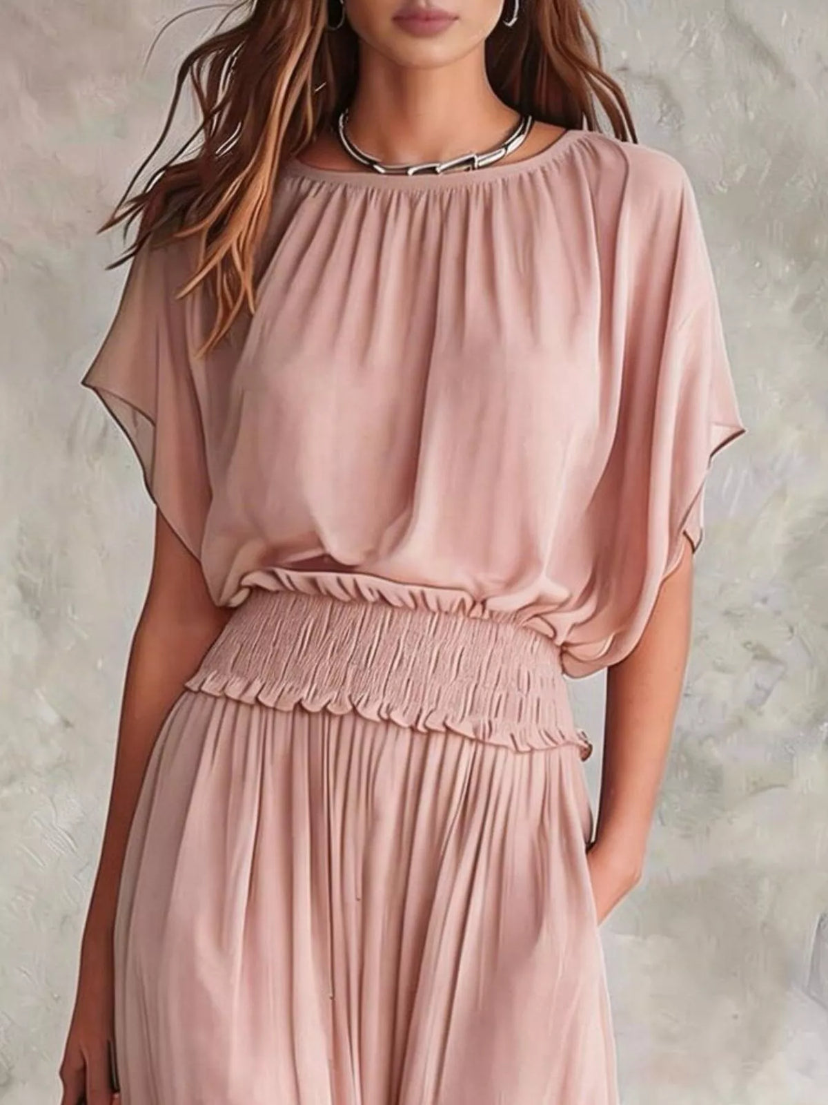 Chiffon Maxi Dress with Smocked Waist - Dusty Pink - View 2