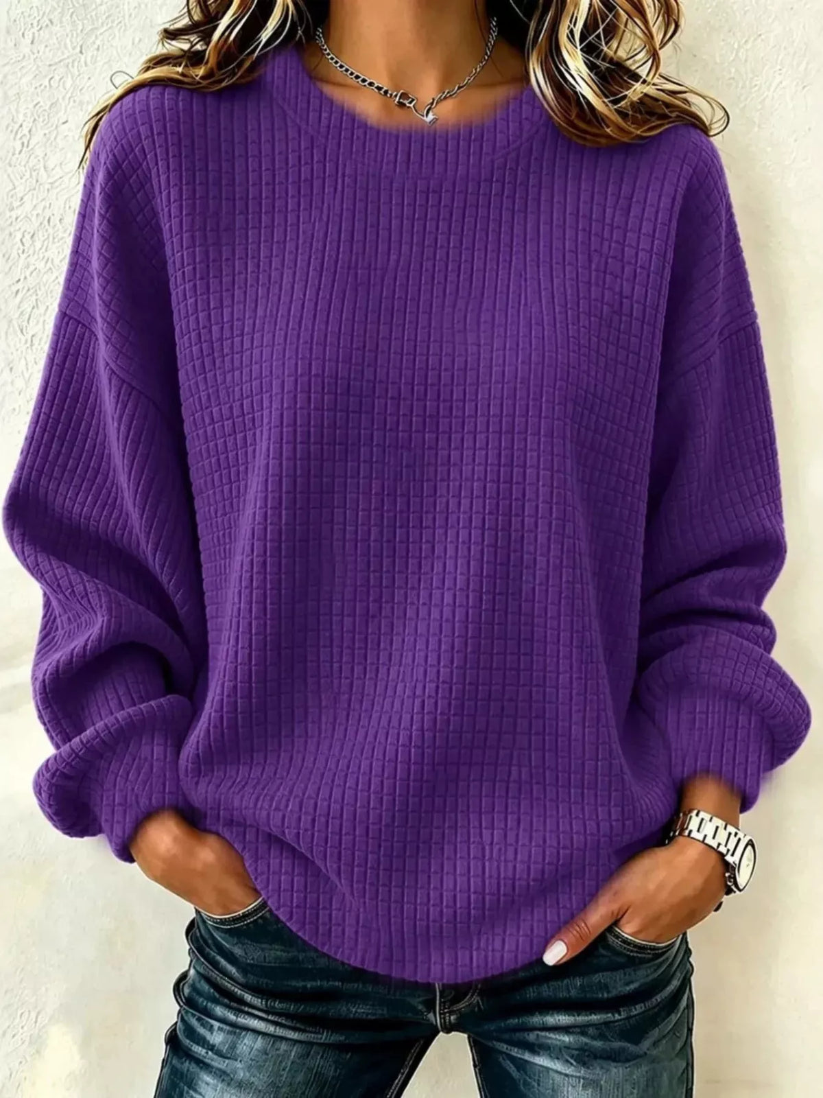 Full Size Waffle Knit Long Sleeve Crew Neck Sweatshirt Plus Size - Purple - View 1