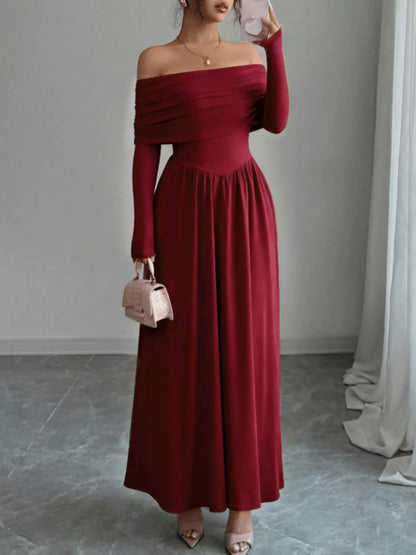 Off-Shoulder Long Sleeve Maxi Dress - Red - View 2