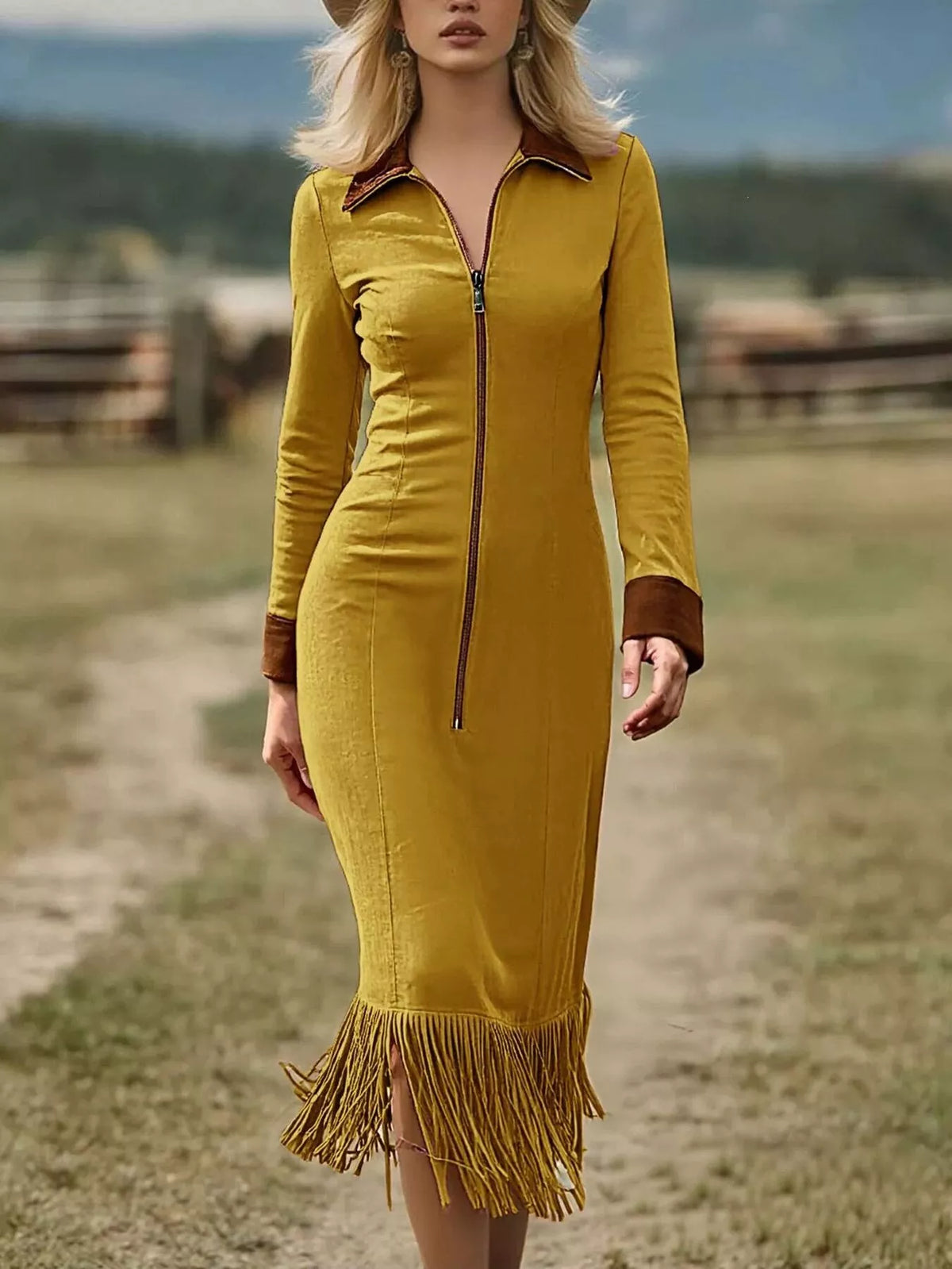 Full Size Fringe Hem Zip Front Midi Dress Plus Size - Yellow - View 1