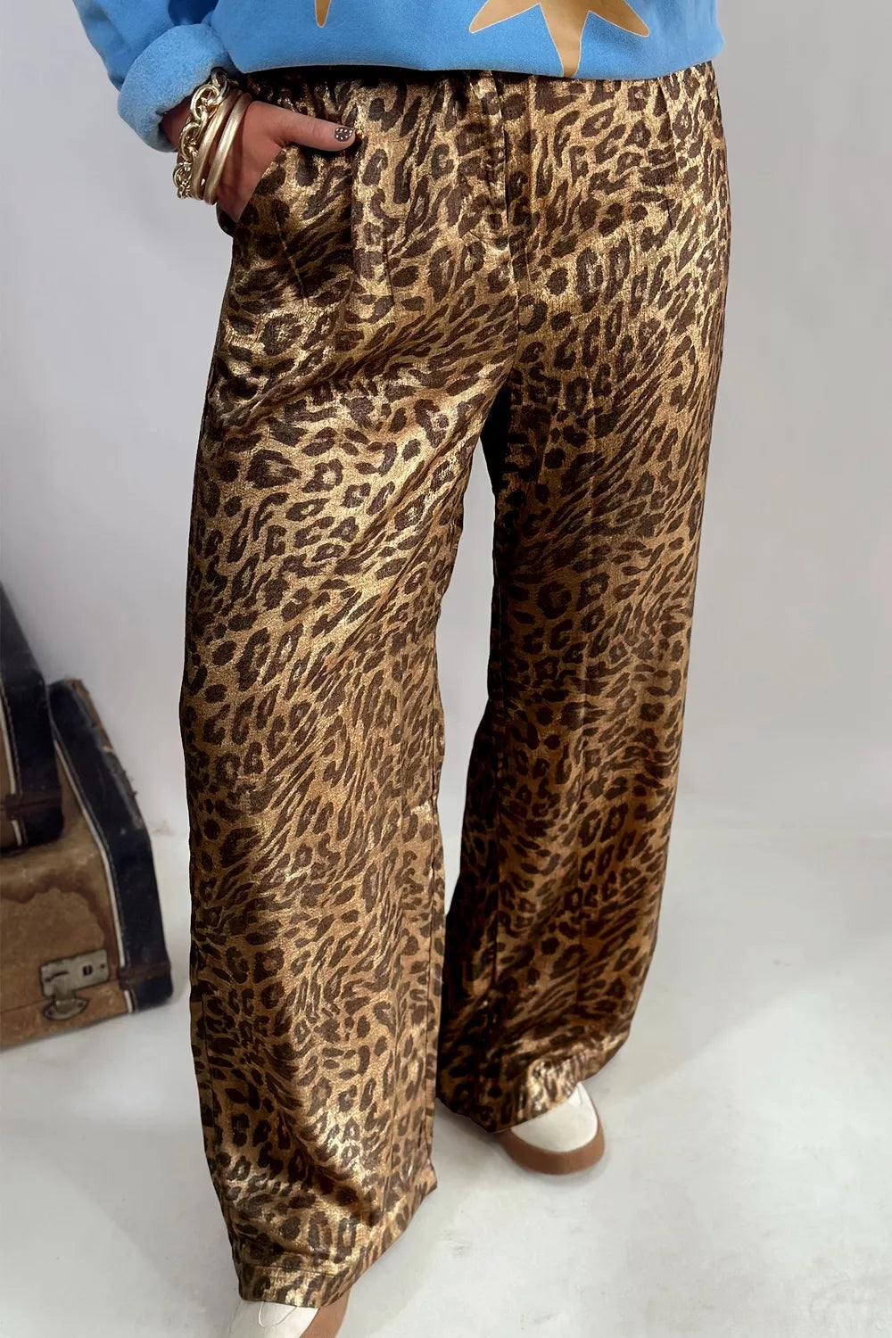 Multicolour Leopard Print Western Style Wide Leg Full Length Pants - Leopard - View 1