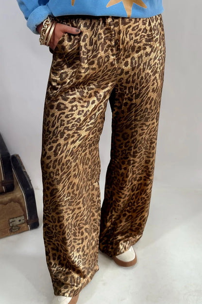 Multicolour Leopard Print Western Style Wide Leg Full Length Pants - Leopard - View 1