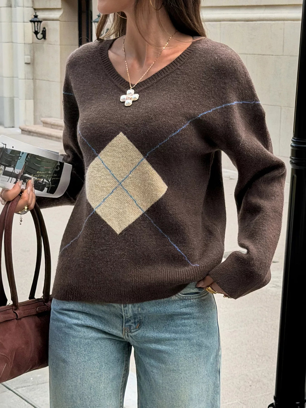 Argyle Pattern V-Neck Knit Sweater - Brown - View 1