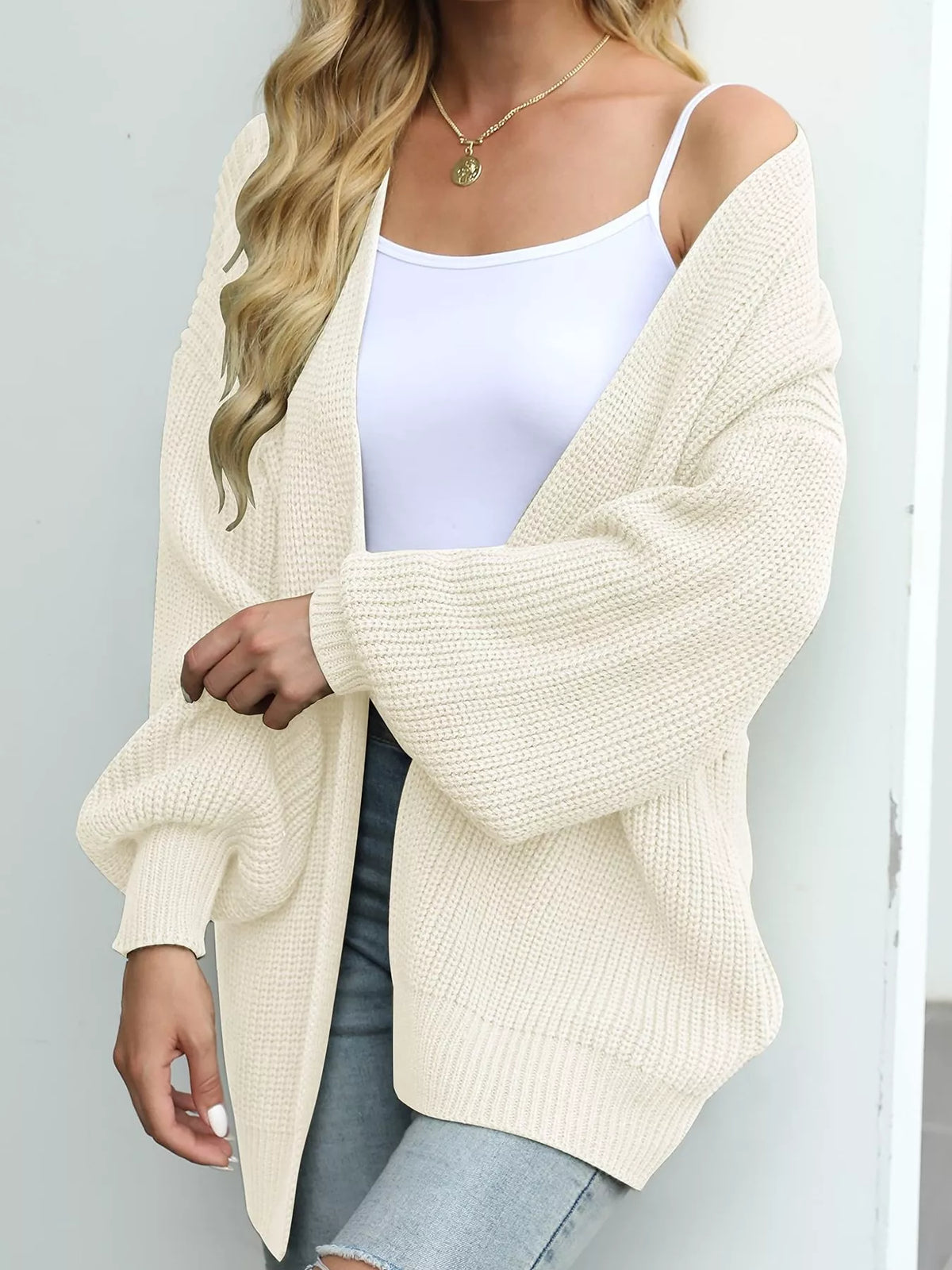 Chunky Knit Open Front Cardigan with Lantern Sleeves - Beige - View 20