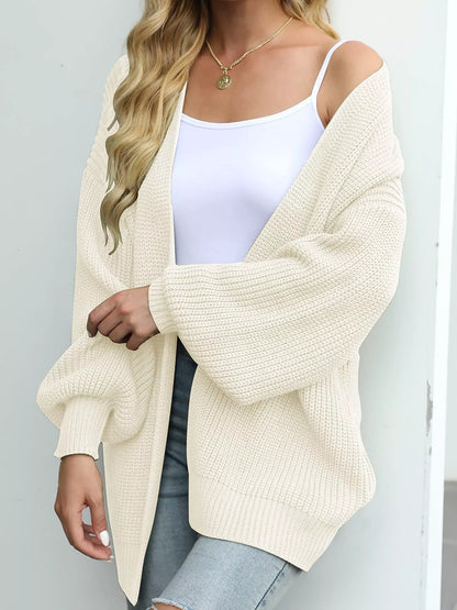 Chunky Knit Open Front Cardigan with Lantern Sleeves - Beige - View 20