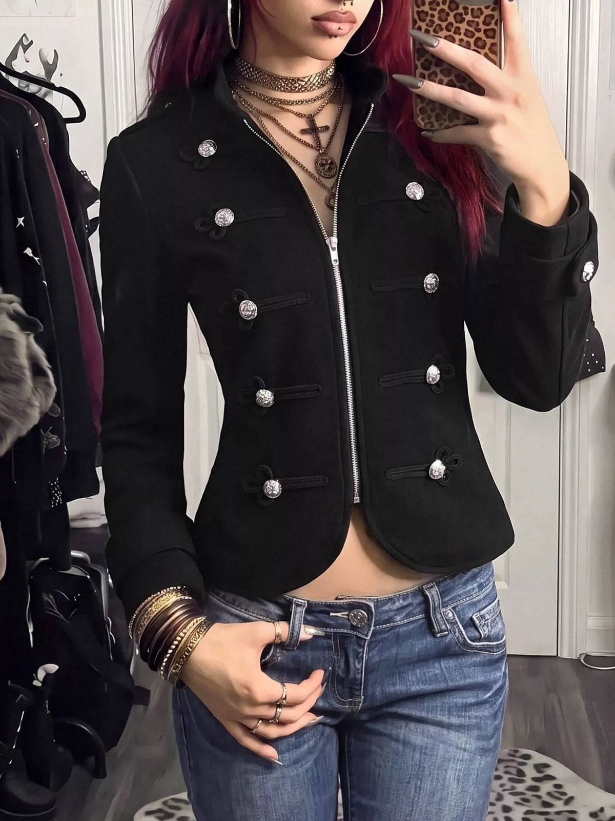 Decorative Button Zip Up Outerwear - Black - View 1