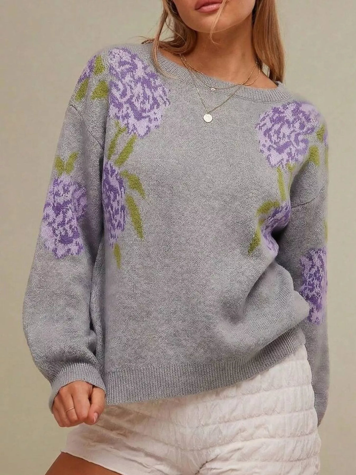 Floral Pattern Dropped Shoulder Sweater - Gray - View 13