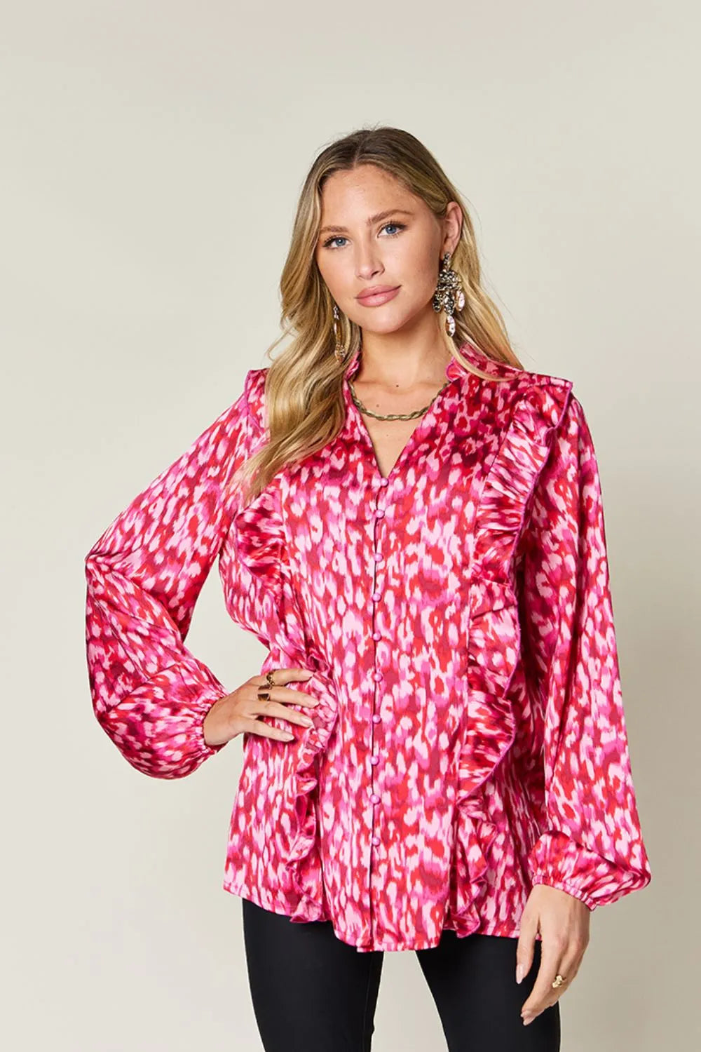 Double Take Full Size Printed Ruffle Trim Balloon Sleeve Shirt Plus Size - Hot Pink - View 1