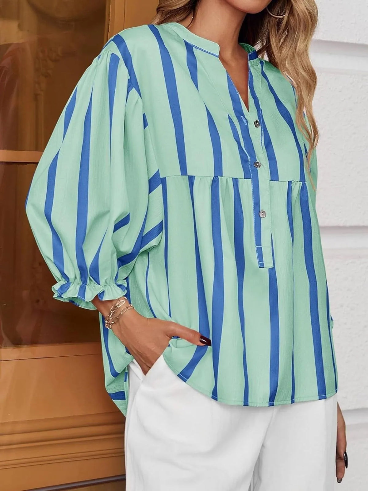 Striped Button Front Notched Blouse - Light Green - View 1