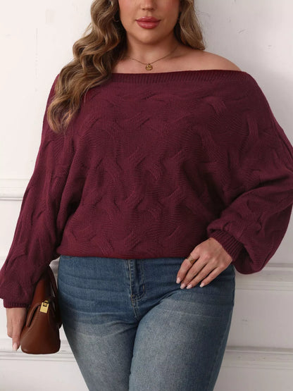 Plus Size Off-Shoulder Long Sleeve Sweater - Burgundy - View 1