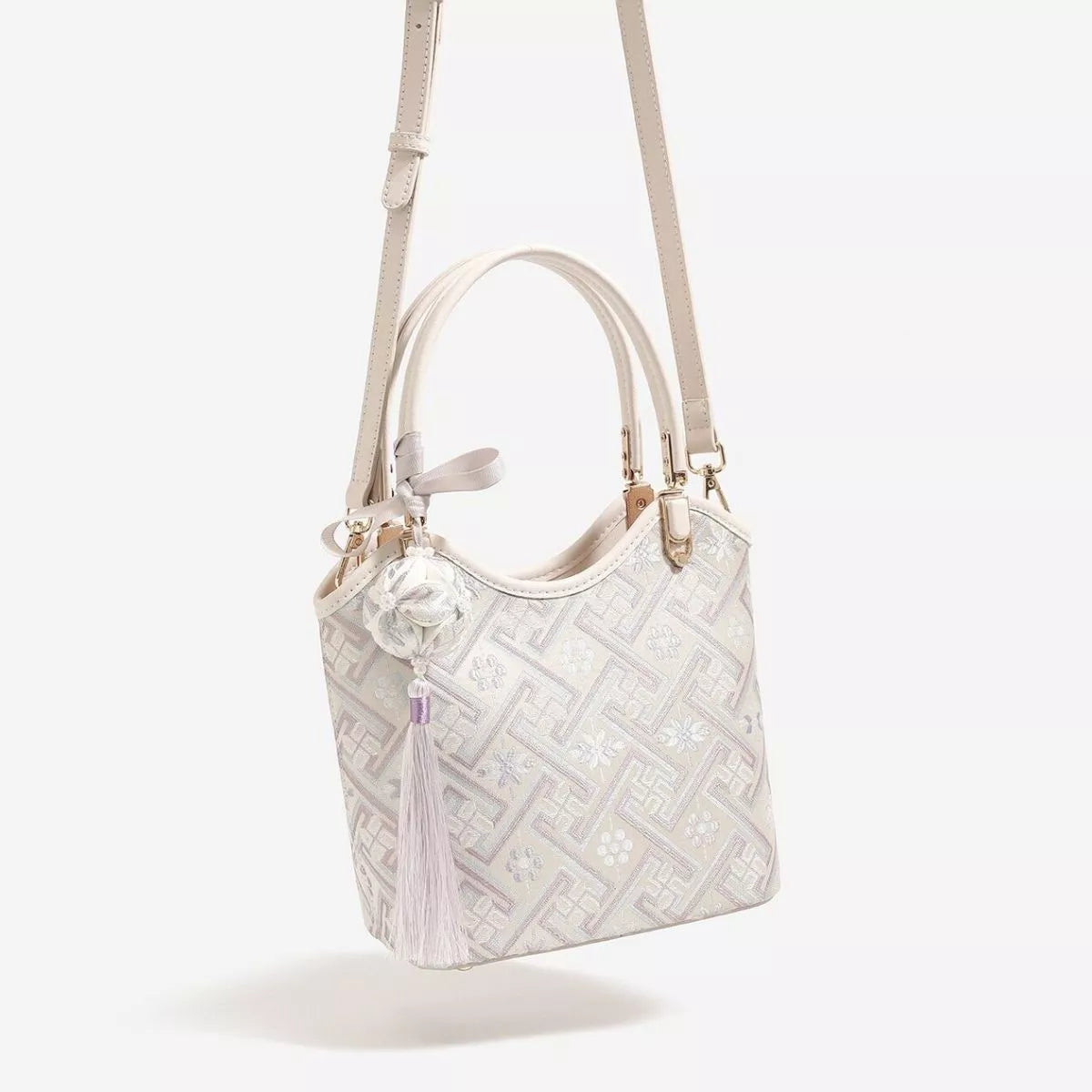 Geometric Pattern Handbag - Beige - View 1