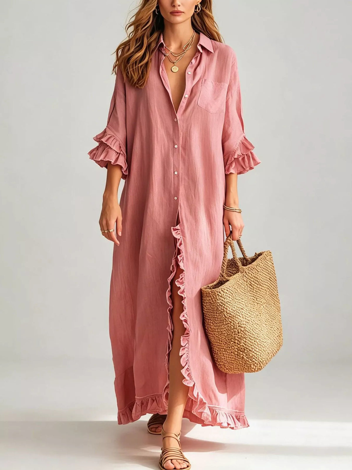 Full Size Ruffled Trim Button-Down Maxi Shirt Dress Plus Size - Pink - View 1