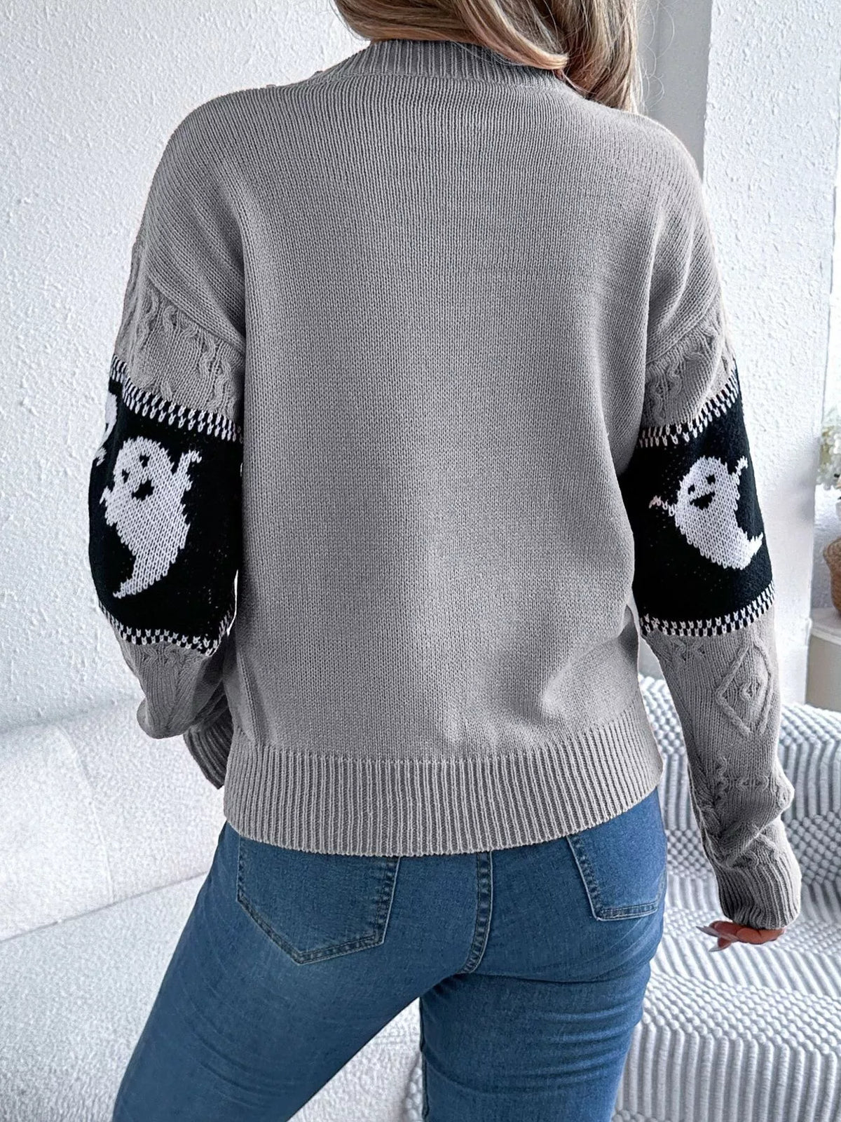 Halloween Ghost Pattern Textured Sweater - Gray - View 2