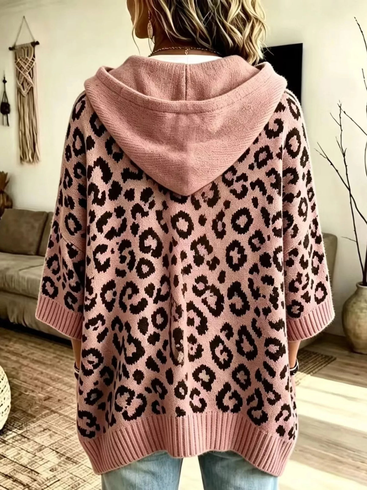 Drawstring Leopard Hooded Sweater - Pink - View 15