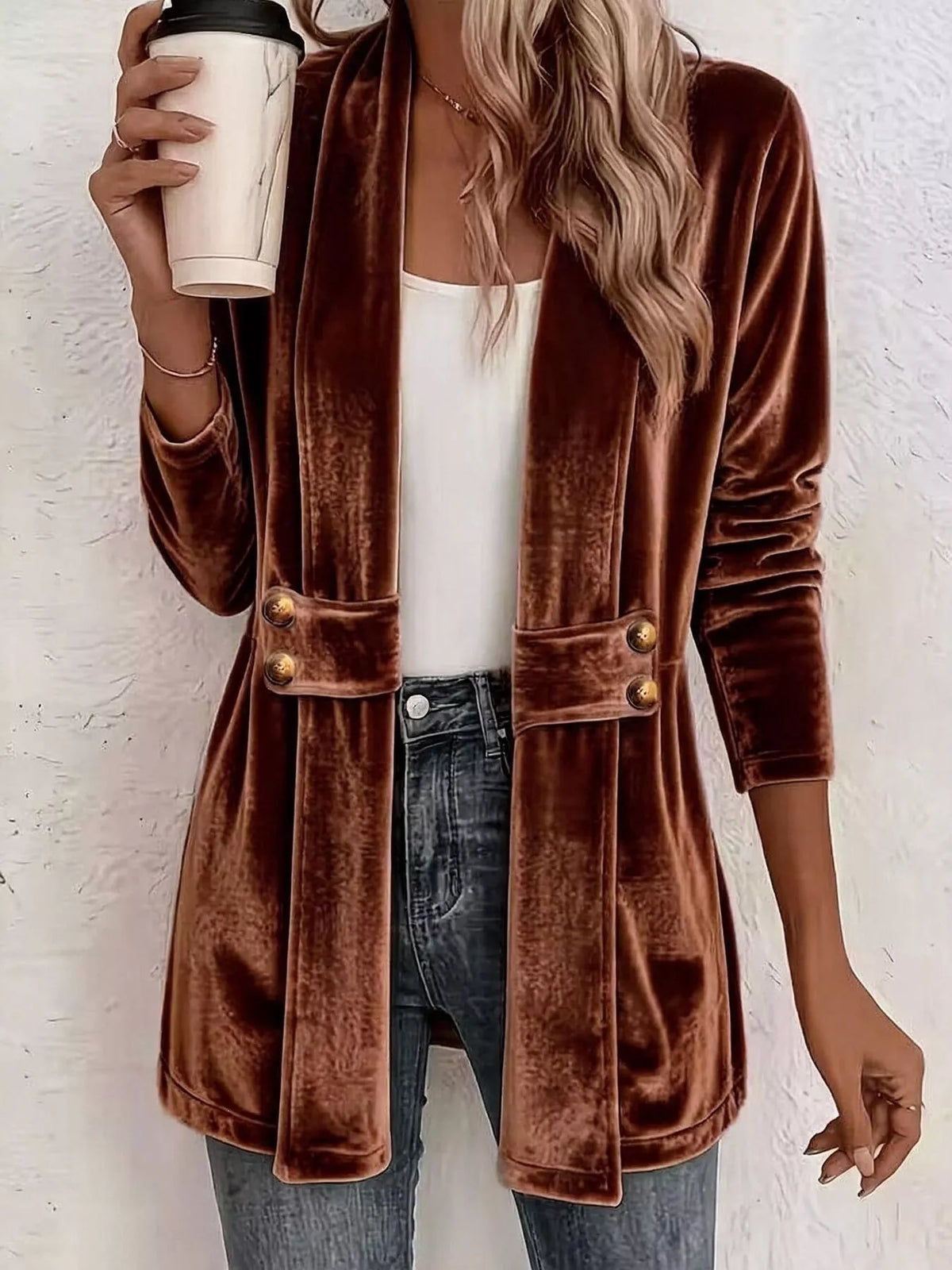 Full Size Velvet Open-Front Cardigan Plus Size - Dark Brown - View 3