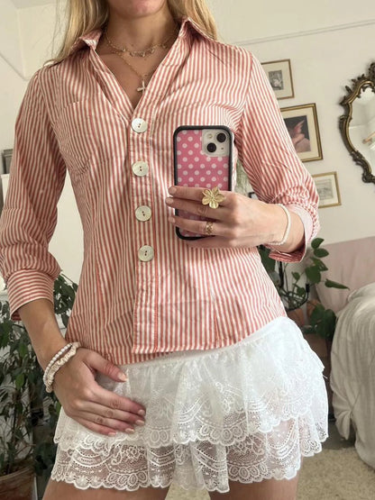 Collared Neck Button-Down Shirt - Orange - View 1