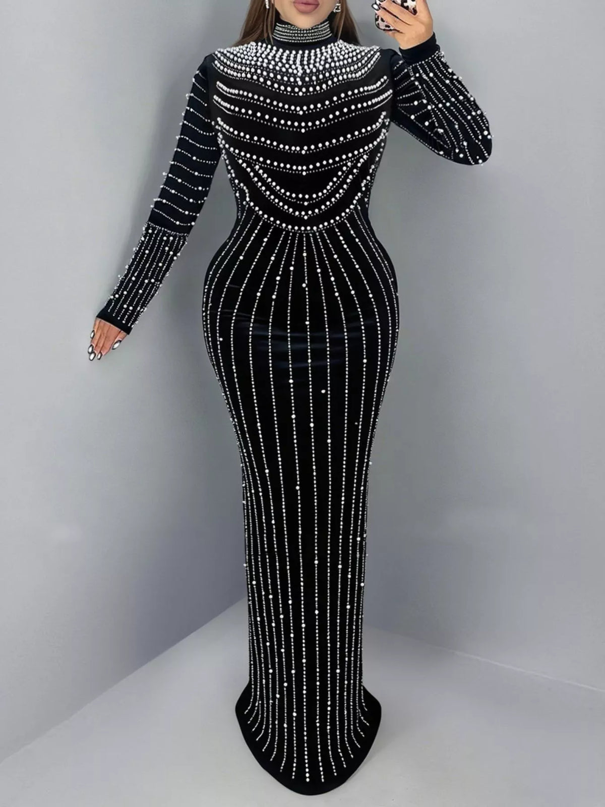 Rhinestone Embellished Mock Neck Long Sleeve Maxi Dress - Black - View 1