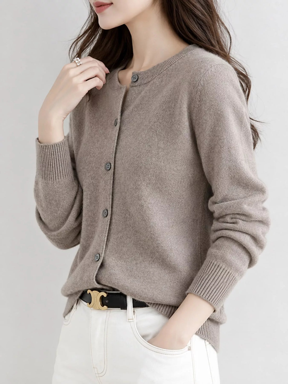 Crew-Neck Button-Down Cardigan - Dark Camel - View 51