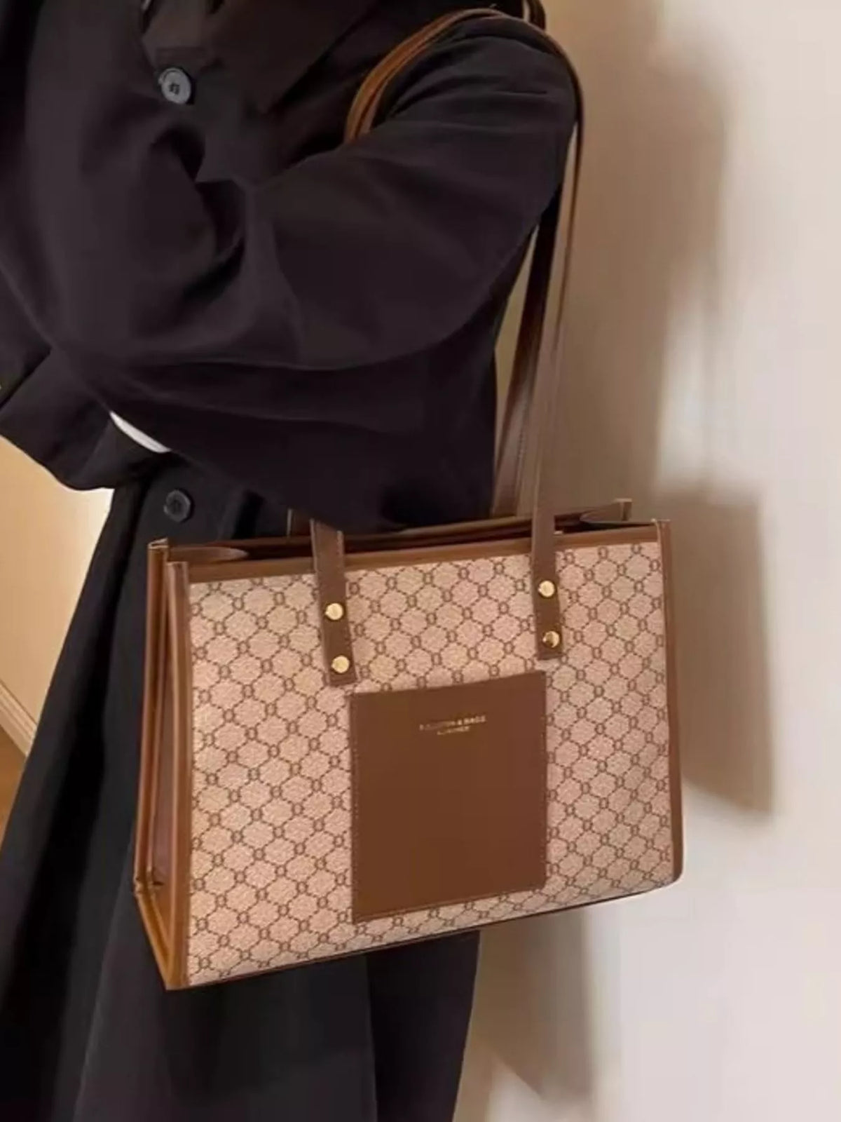 Patterned Tote Shoulder Bag - Khaki - View 3