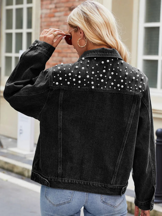Pearl Detail Collared Neck Long Sleeve Denim Jacket - product photo 2