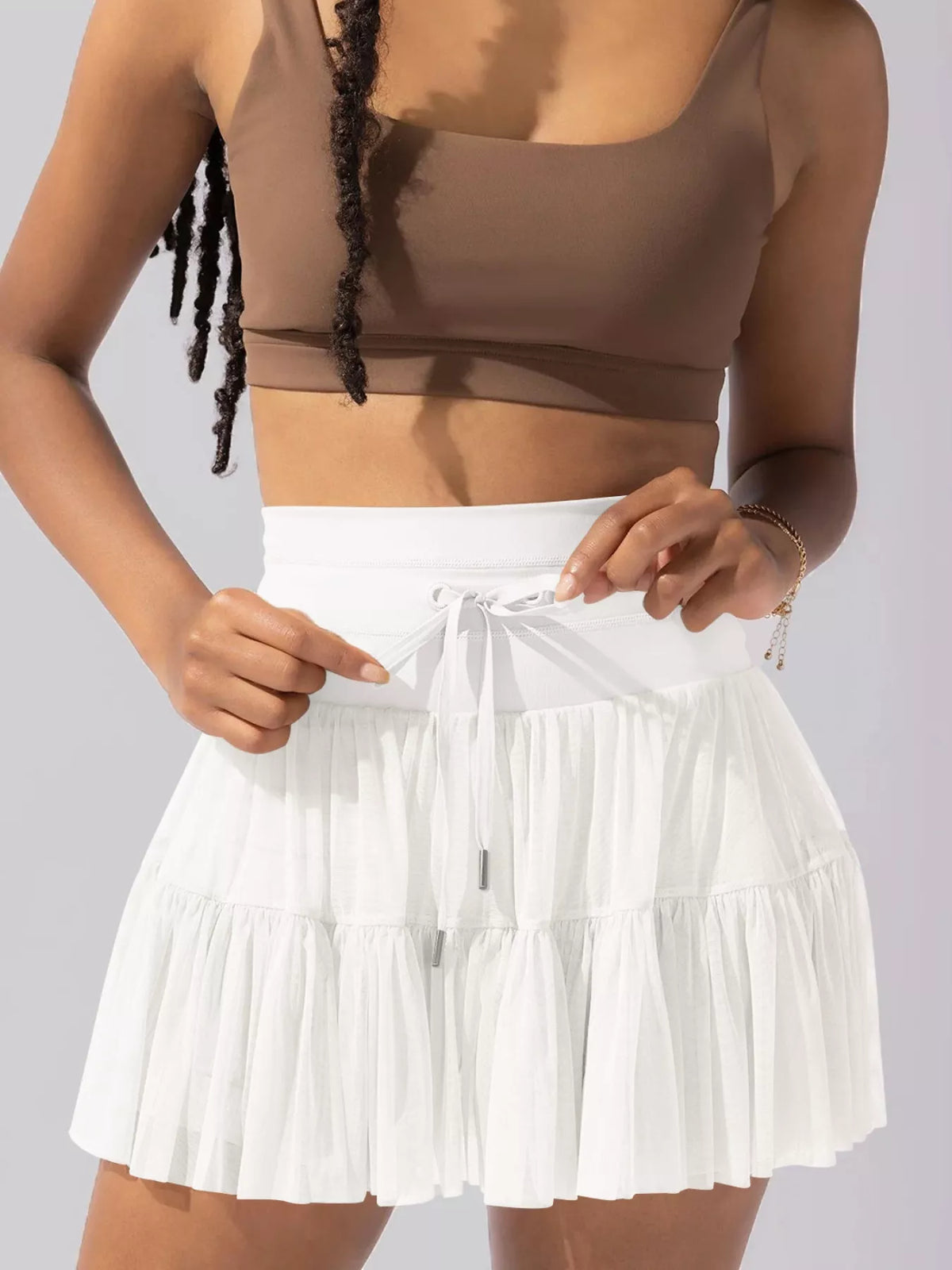 Tiered Skort with Drawstring - White - View 14