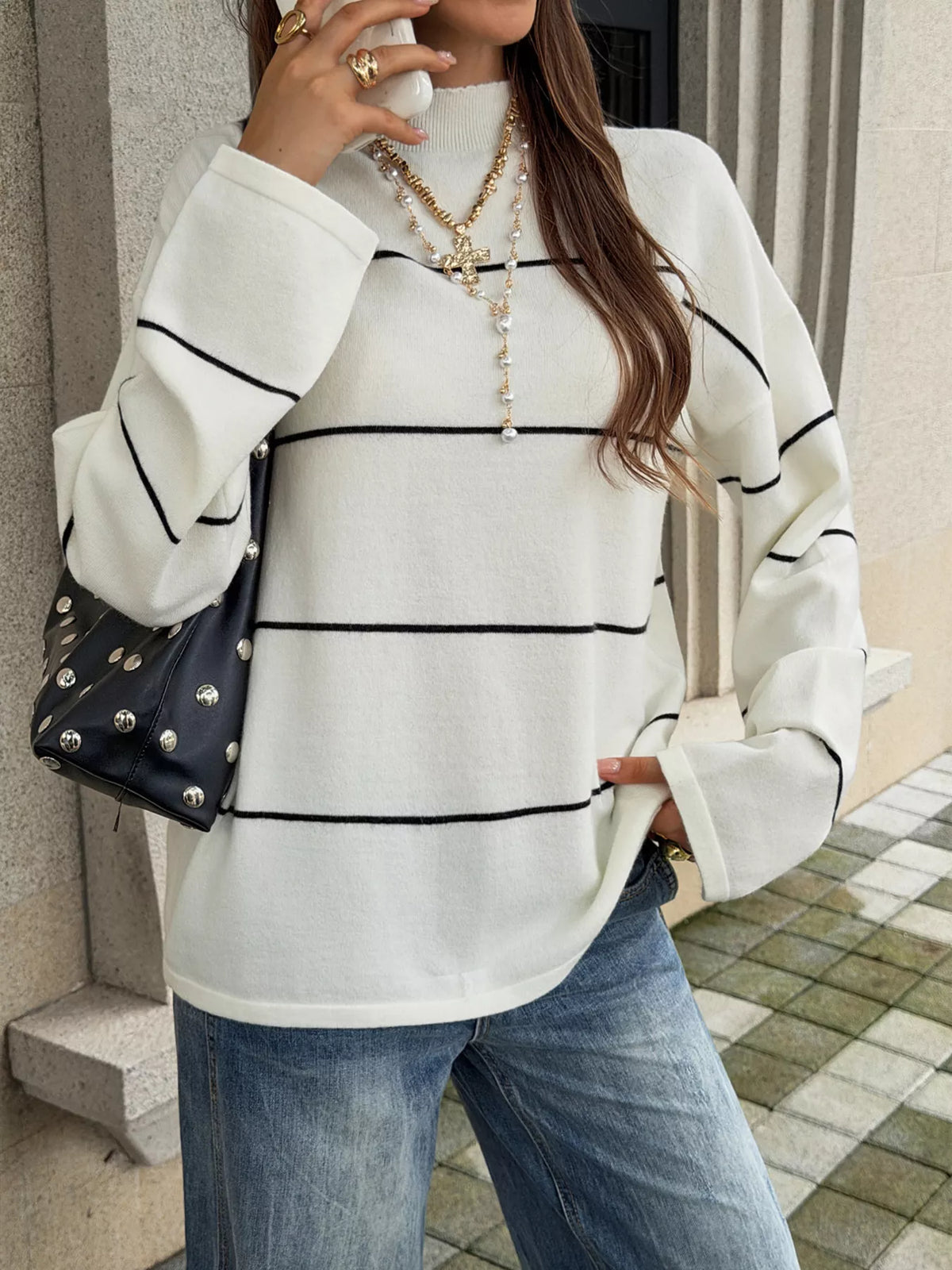 Striped Mock Neck Sweater - Black And White Stripes - View 2