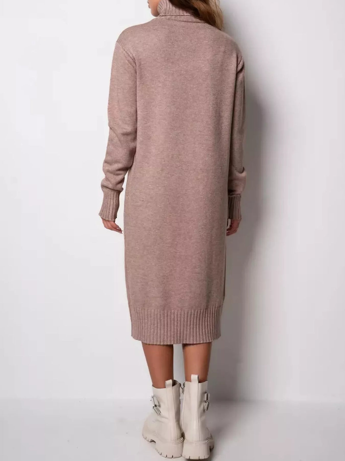 Turtleneck Ribbed Knit Sweater Dress - Camel - View 21