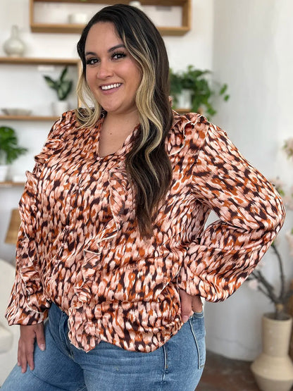 Double Take Full Size Printed Ruffle Trim Balloon Sleeve Shirt Plus Size - Caramel - View 7