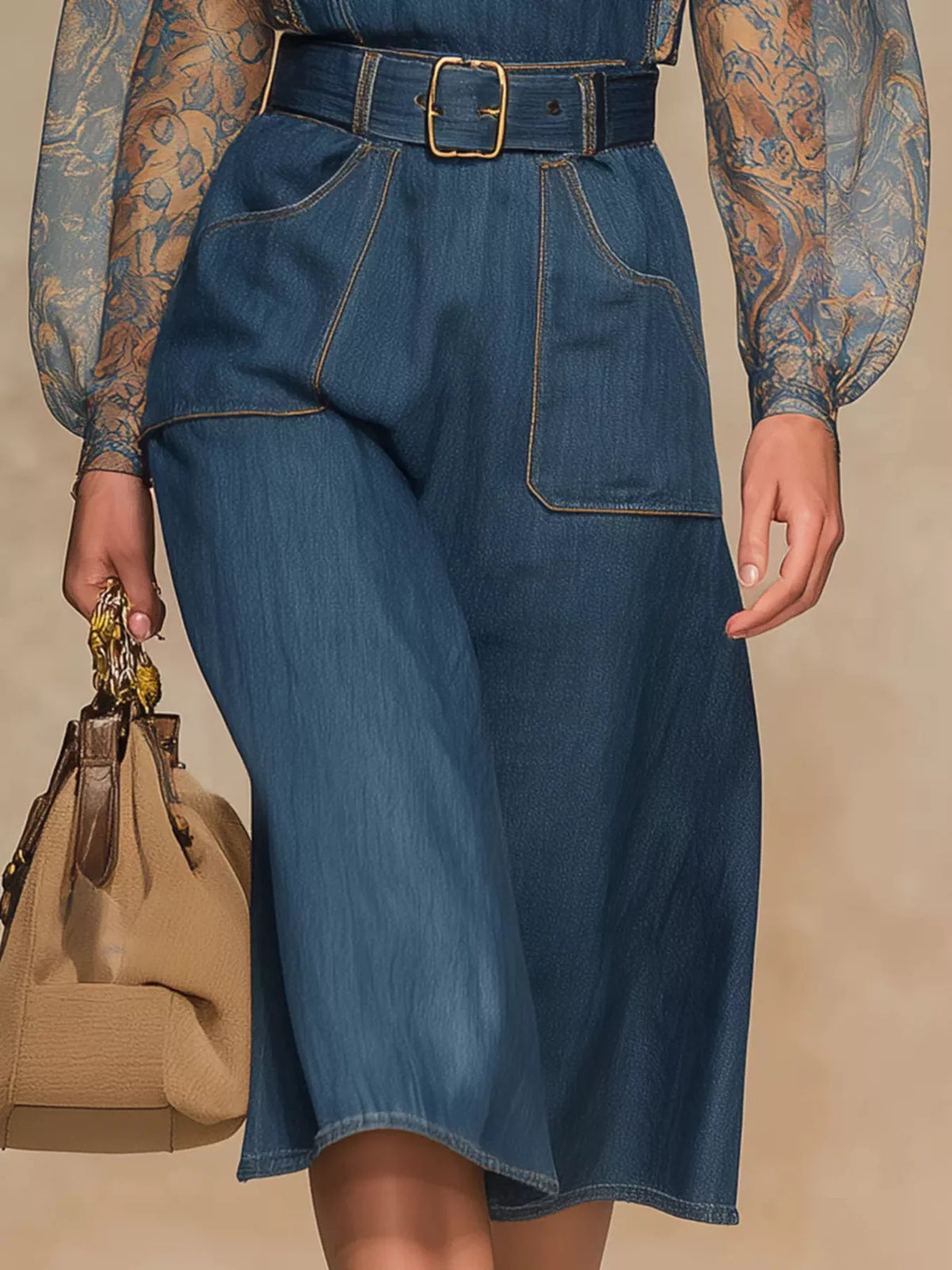 Sheer Floral Sleeves Denim Dress - Blue - View 3