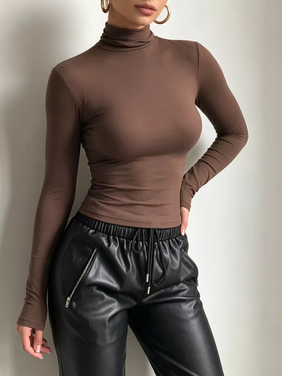 Mock Neck Long Sleeve Slim Fit T-Shirt - Brown - View 1