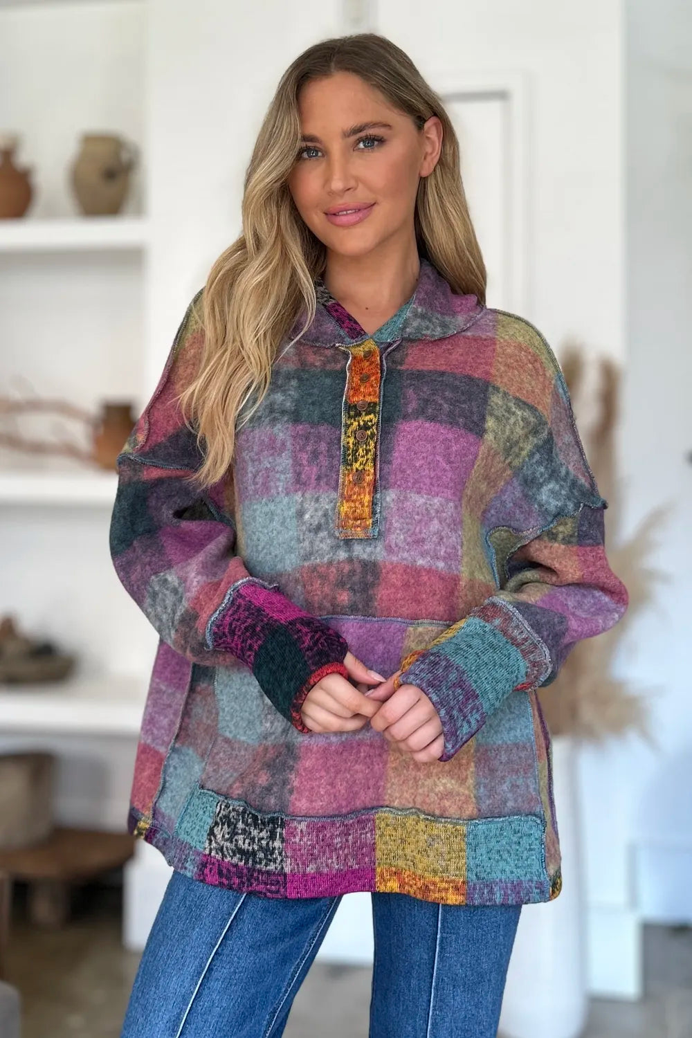 Double Take Full Size Plaid Dropped Shoulder Fleece Hoodie Plus Size - Heliotrope Purple - View 3