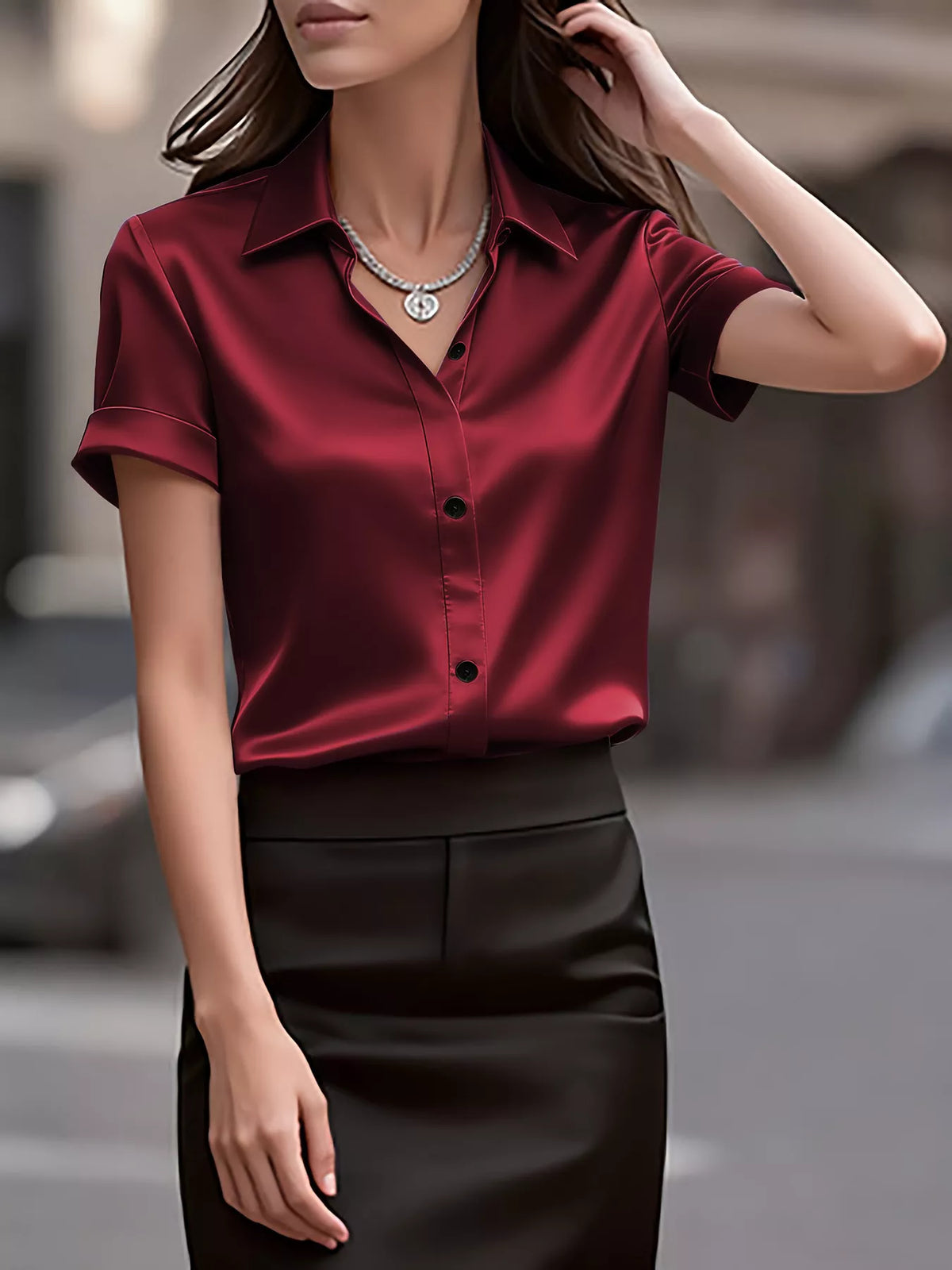 Satin Short-Sleeve Shirt - Burgundy - View 2
