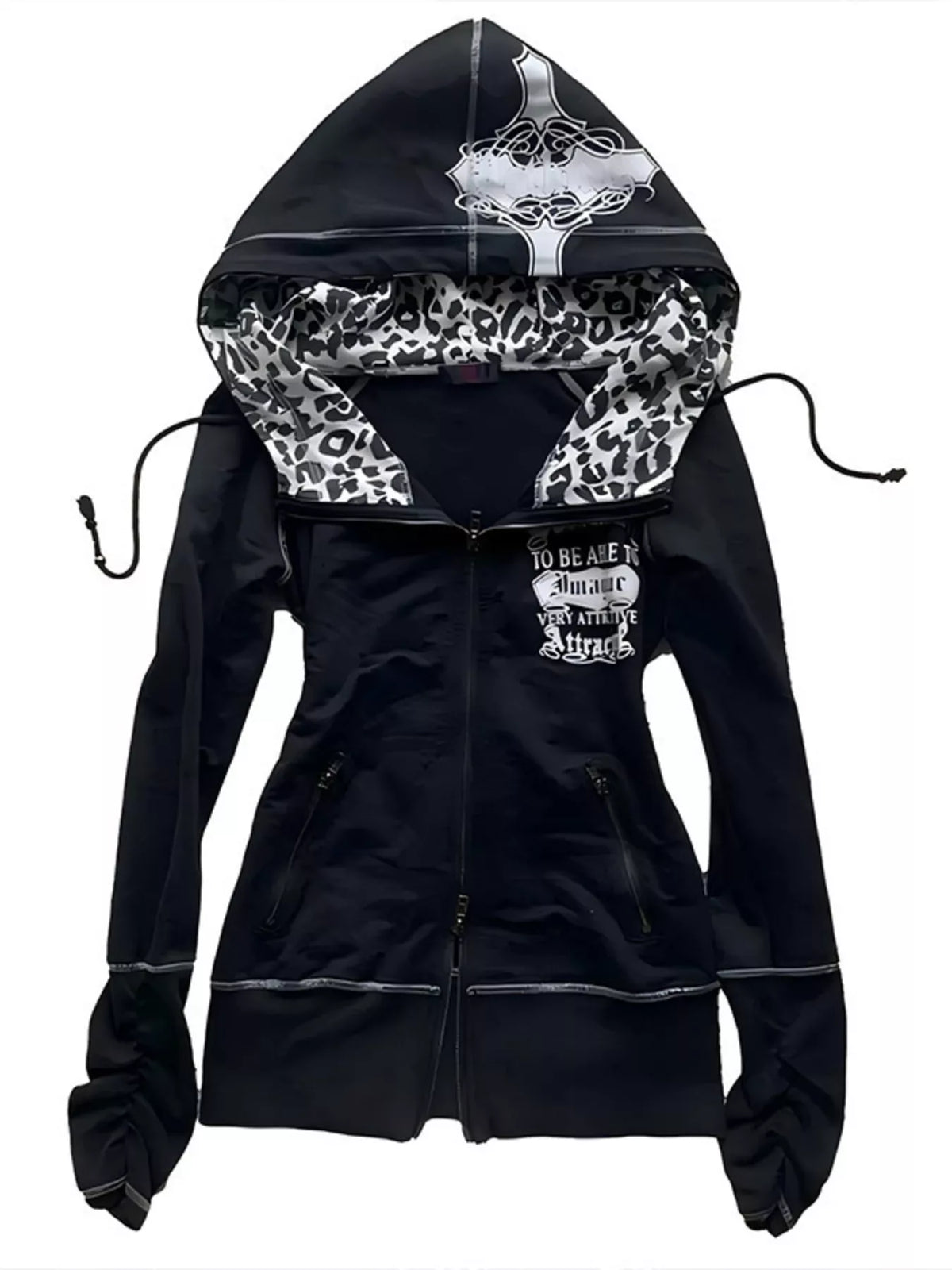 Gothic Cross Leopard Lined Zip-Up Hoodie - Black - View 1