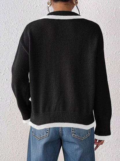 Contrast Trim Polo Collar Sweater - Black - View 5