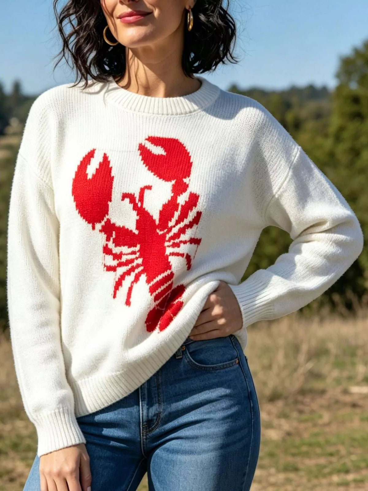 Lobster Graphic Crew Neck Sweater - Ivory - View 2