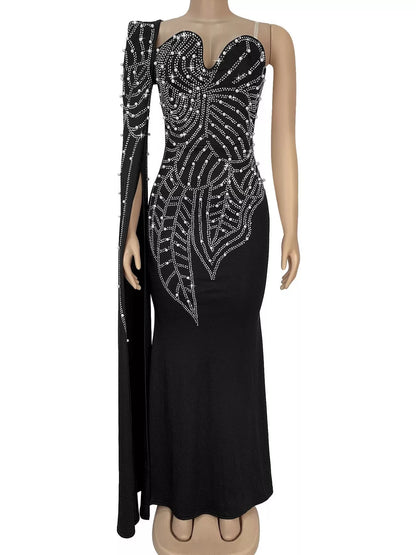 Rhinestone Pearl Detail One-Shoulder Mermaid Maxi Dress - Black - View 4