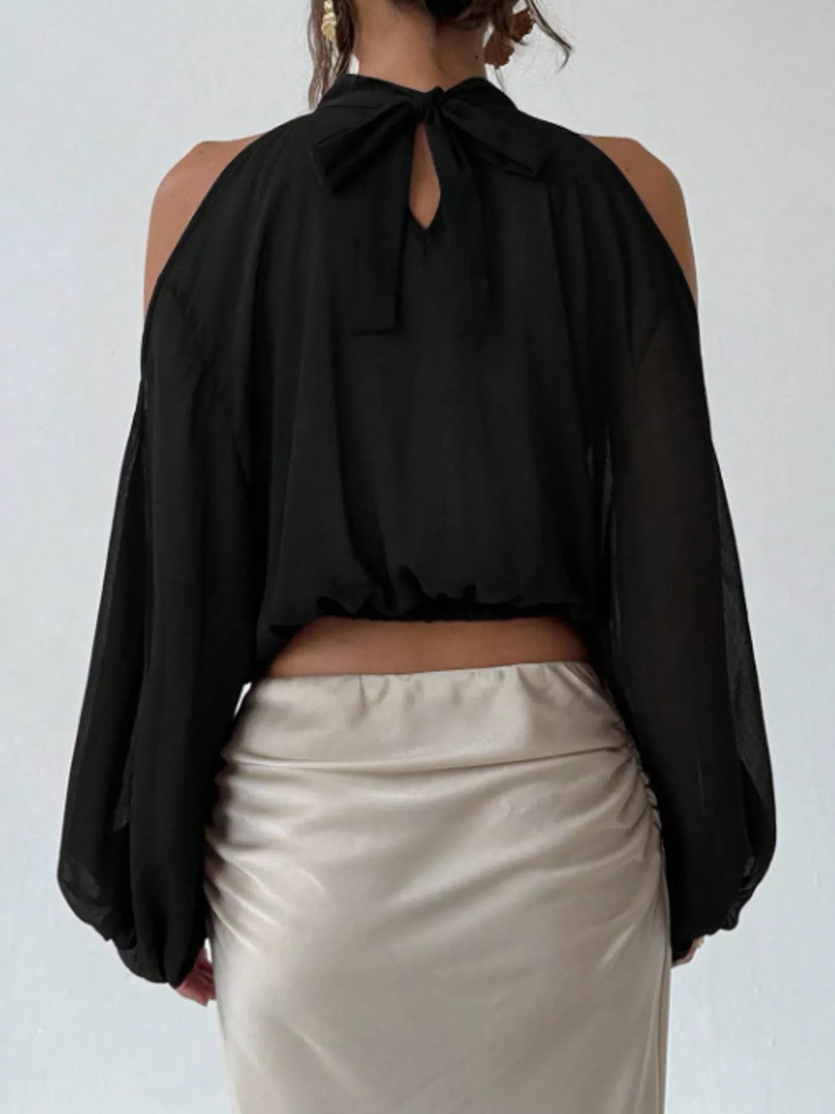 Cold-Shoulder Long Sleeve Blouse - Black - View 9