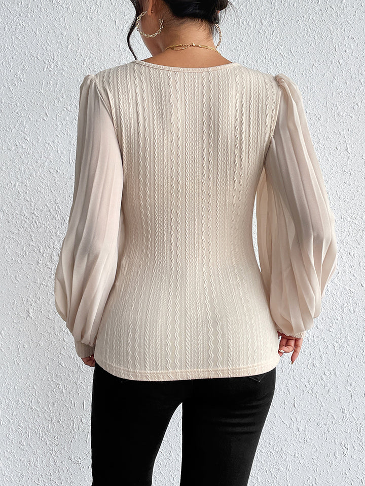 Honey Pleated Puff Sleeve Round Neck Blouse - Cream - View 2