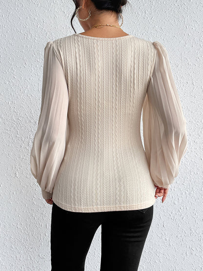 Honey Pleated Puff Sleeve Round Neck Blouse - Cream - View 2