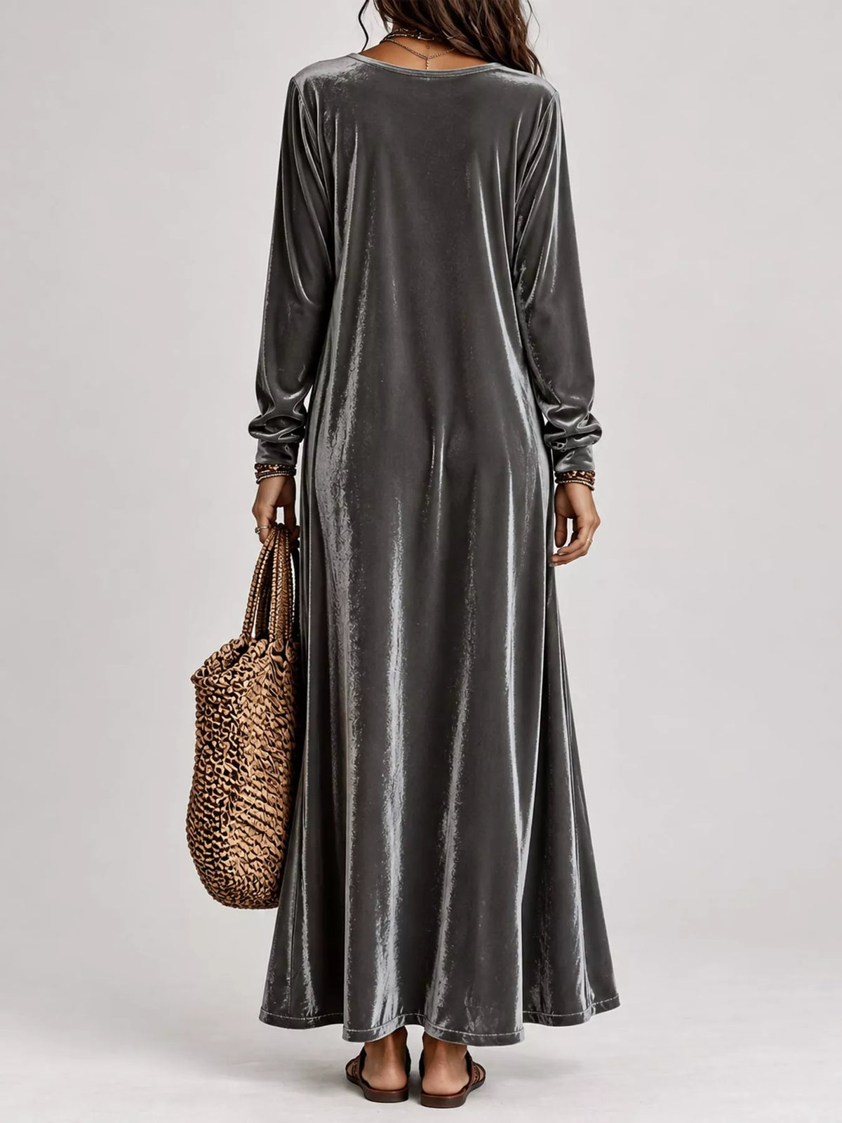 Velvet Long-Sleeve Maxi Dress - Gray - View 13