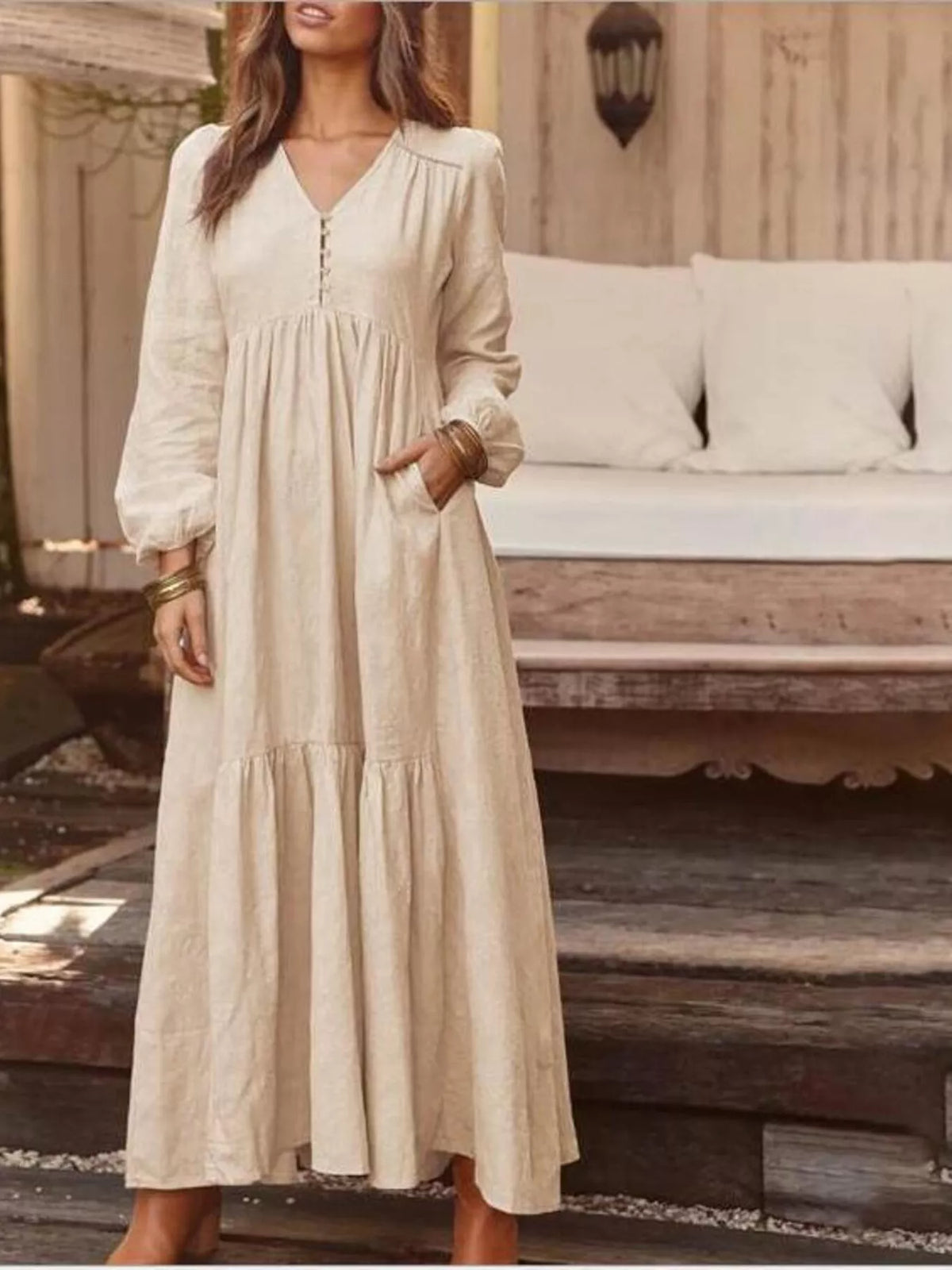 Full Size V-Neck Long Sleeve Tiered Maxi Dress with Pockets Plus Size - Apricot - View 1
