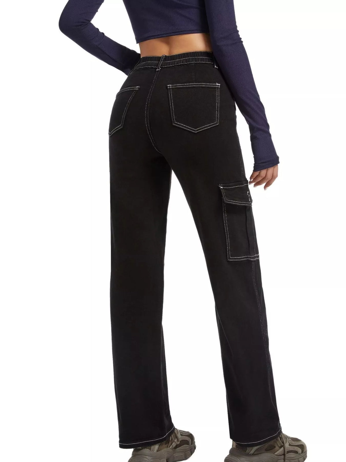High-Waisted Cargo Jeans - Black - View 4