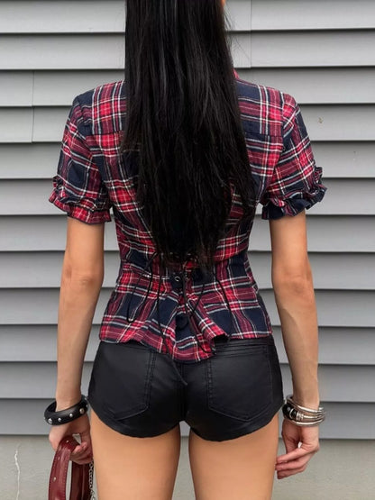 Plaid Zip-Up Shirt - Red - View 5