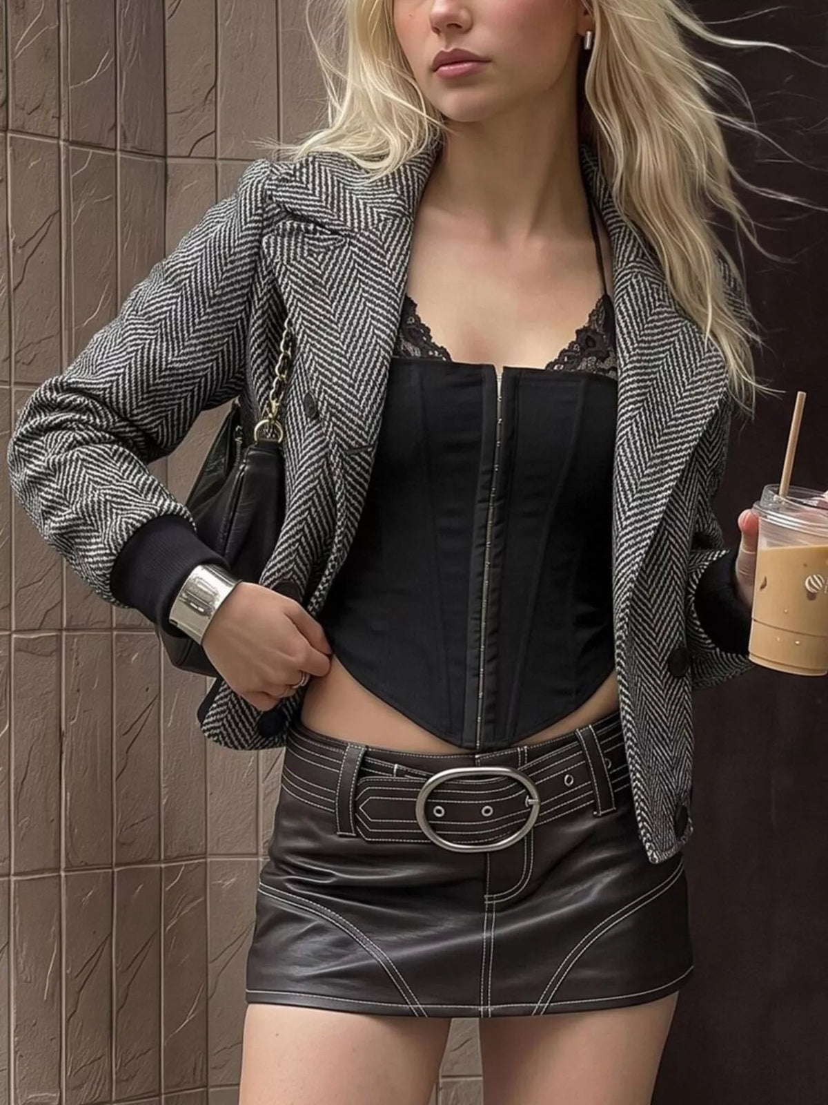 Herringbone Double-Breasted Cropped Outerwear - Black - View 4