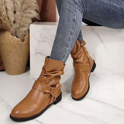 Round Toe Low Heel Boots - Brown - View 13