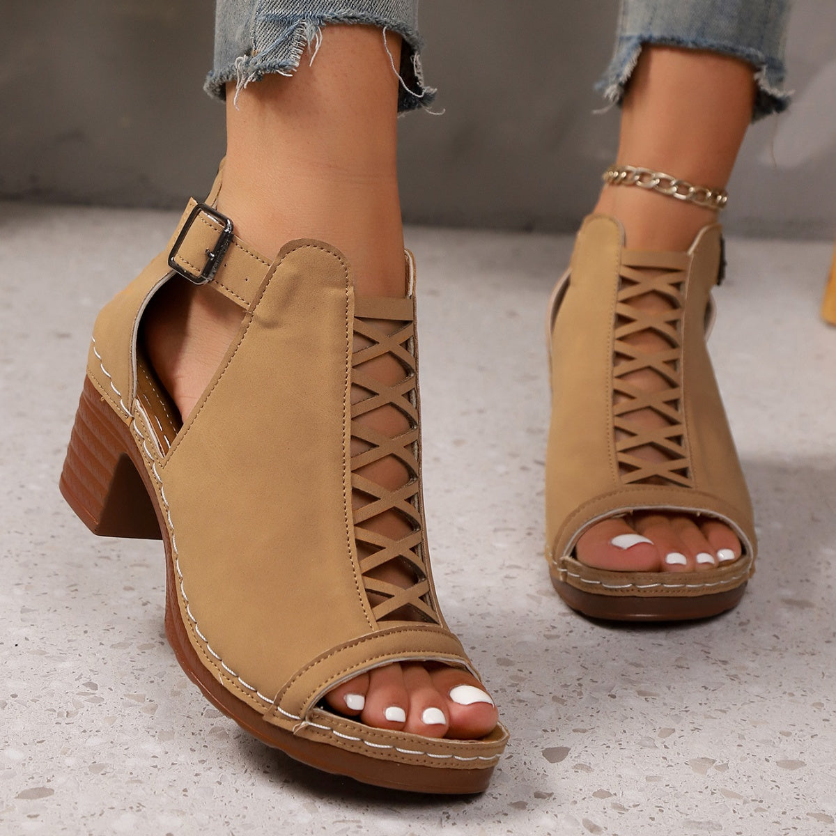 Open Toe Block Heels Sandals - Khaki - View 12