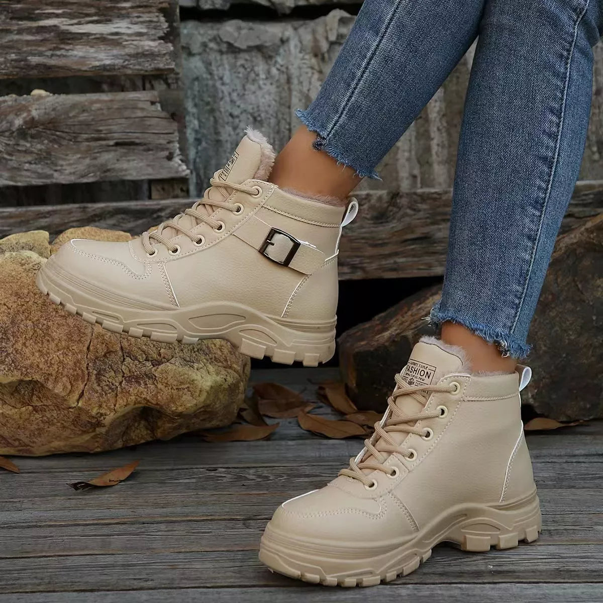 Lace-Up Ankle Boots with Buckle Detail - Khaki - View 1