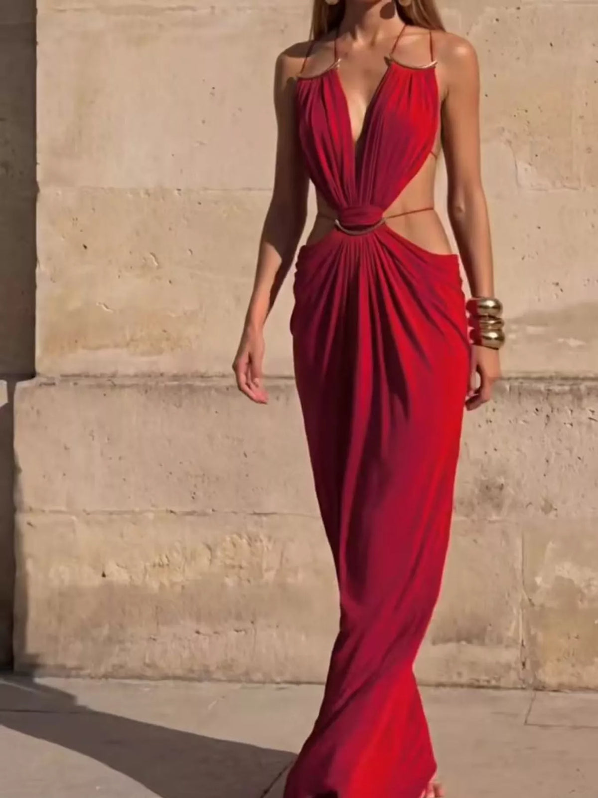 Backless Plunge Cut-Out Maxi Dress - Red - View 7